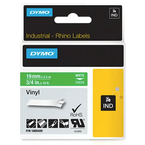 Dymo RHINO taĹ›ma winylowa 19mm biaĹ‚a na zielonym